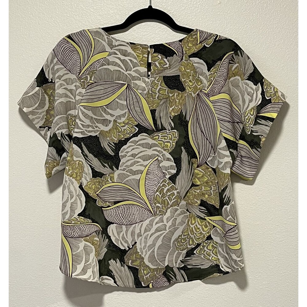 Zara Floral Top Green Cream Size Large High Low Hem Contemporary Classic - Picture 2 of 8